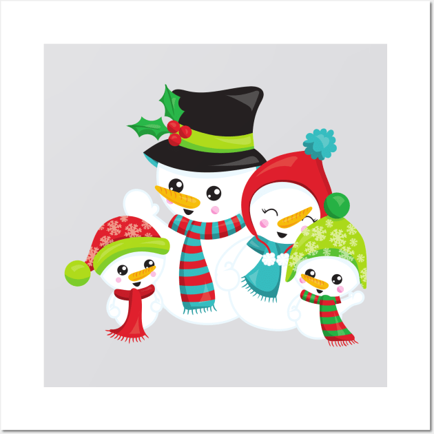 Christmas Snowman, Carrot Nose, Snowman Family Wall Art by Jelena Dunčević